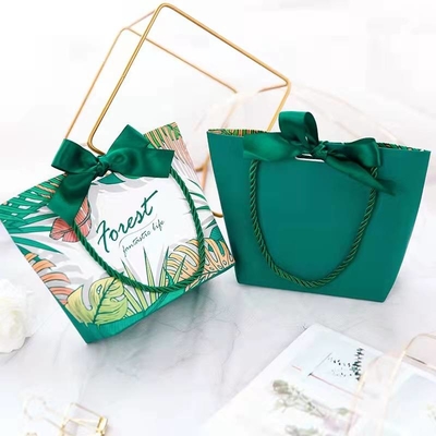 Tropical Plant Print Lime Green Paper Bags With Ribbon Handles
