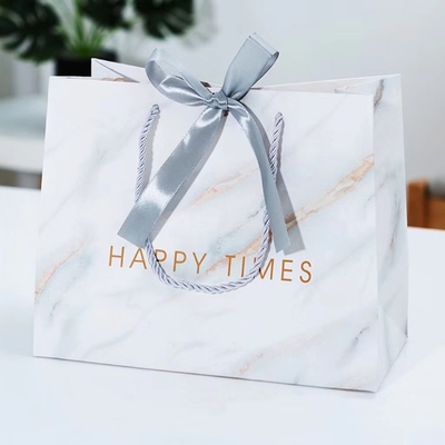 Personalize LOGO Marble paper custom gift bag Paper Delivery Bags  with ribbon handle